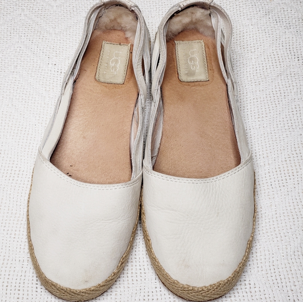 UGG Australia Womens 6.5 US White Leather Espadrilles Slip-On Flats Shoes